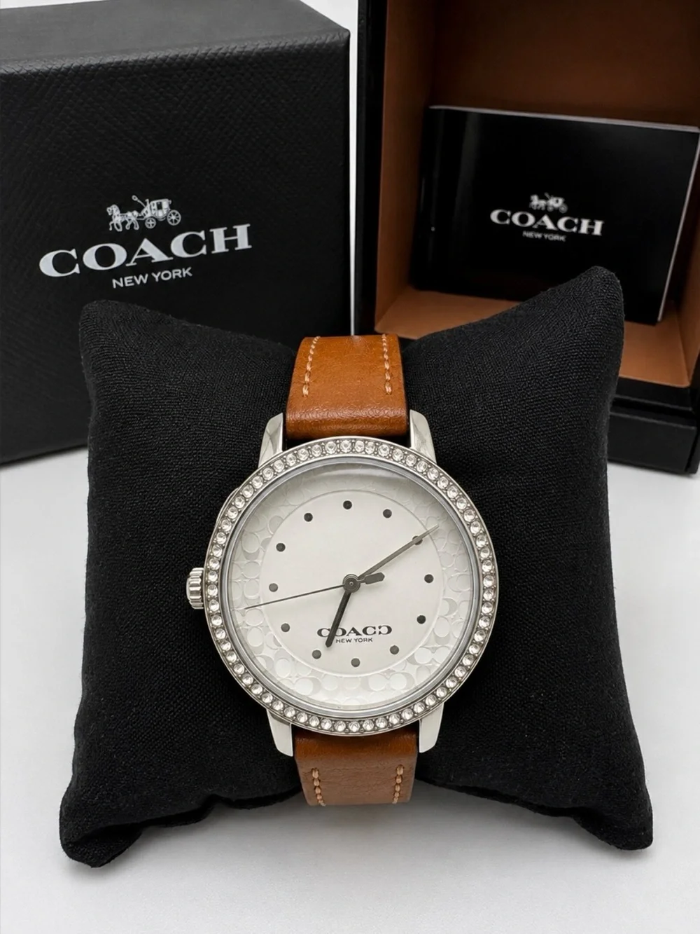 Coach Silver-Tone Crystal Bezel Watch with Brown Leather Strap